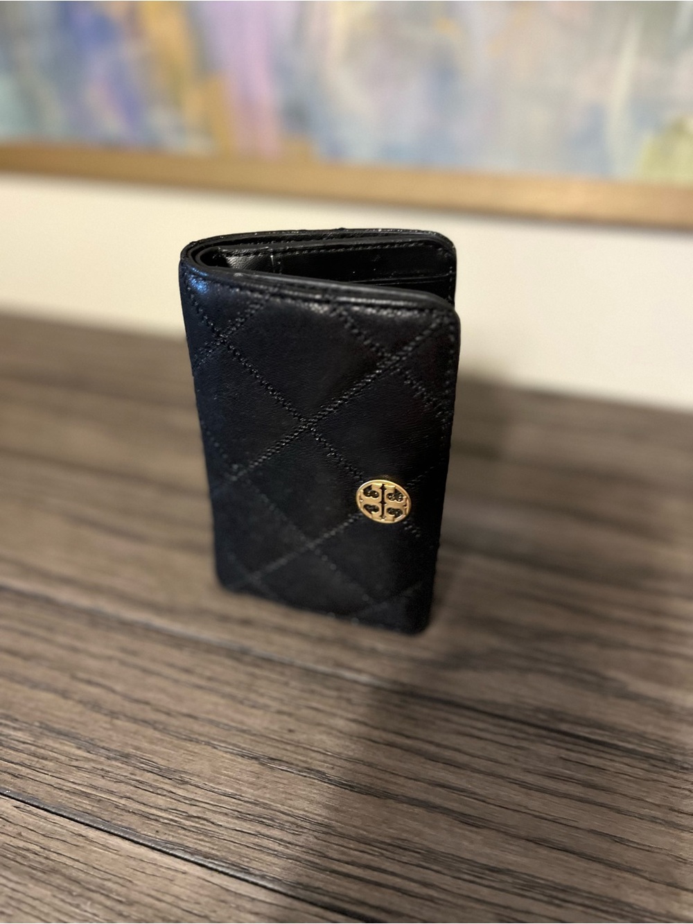 Tory Burch Black Quilted Leather Card & Key Holder with Gold Logo